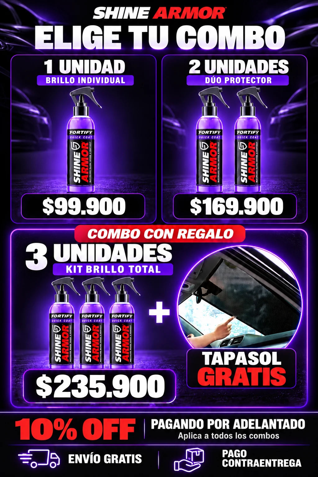 Shine Armor: Brillo Individual, 1 unidad por $99.900; Dúo Protector, 2 unidades por $169.900; Kit Brillo Total, 3 unidades por $235.900 con tapasol gratis. Envío gratis y pago contraentrega. 10% OFF pagando por adelantado en todos los combos.